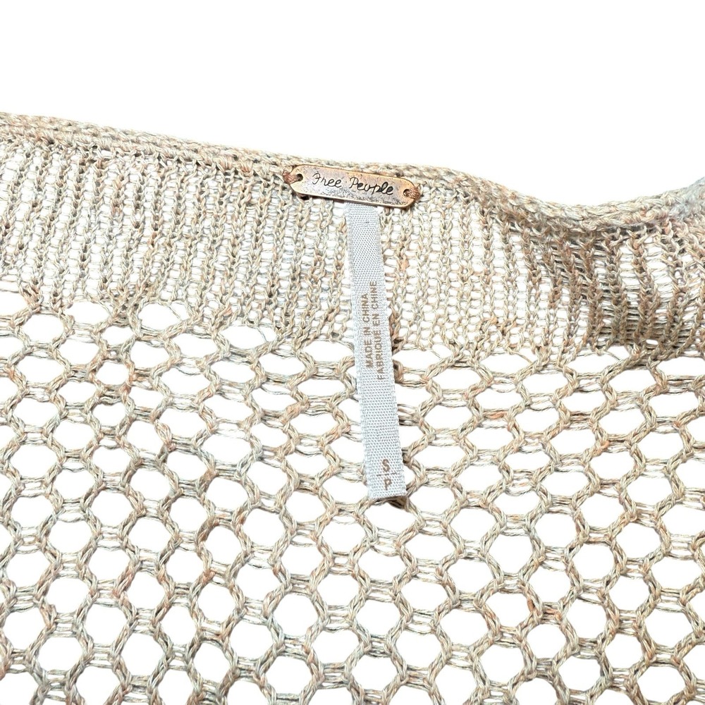 Free People Tan Open Knit Ruffle V-Neck‎ Linen Blend Crop Sweater Small - Picture 5 of 8